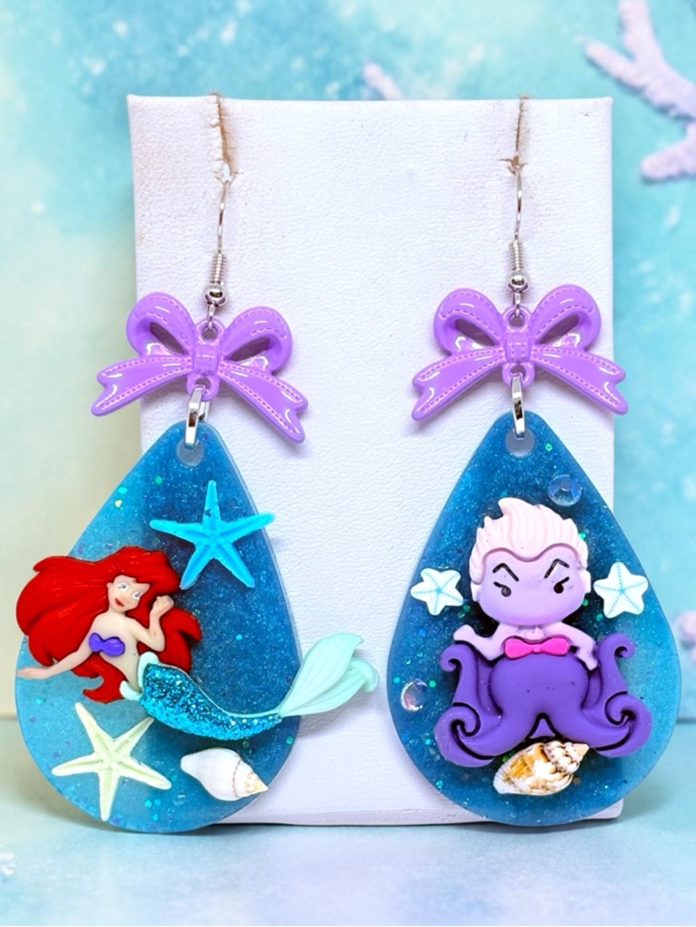 Handmade Mermaid & Sea Witch Drop Earrings in Blue and Purple